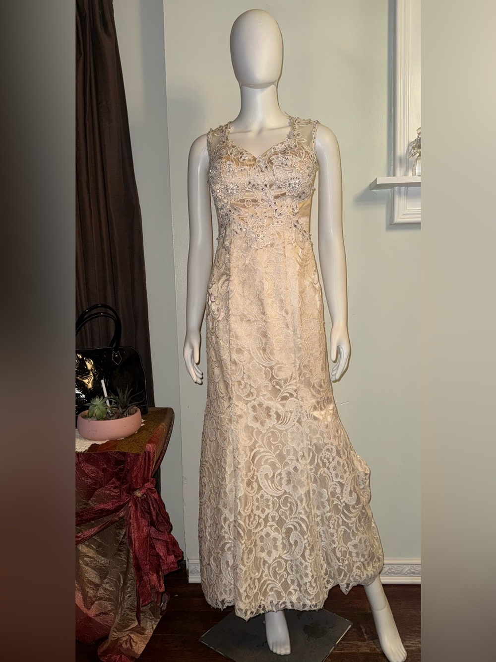 Lace Appliqué Maxi Dress in Champagne
